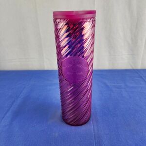 Starbucks Ribbon Iridescent Pink Jeweled Metallic Swirl Tumbler Travel Mug 16 oz